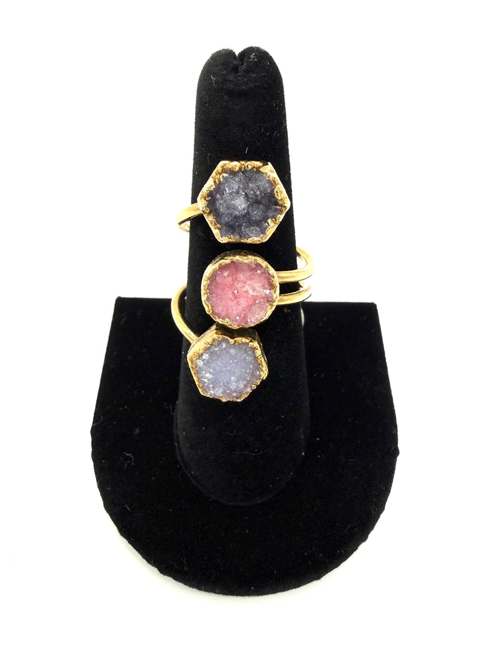 NWT Gold-Tone Triple Druzy Ring with Pink and Lavender Stones